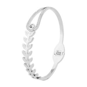 STEEL SILVER COLOR 18K WHITE GOLD-PLATED LEAVES PLANT ZIRCONIA INLAY BANGLE